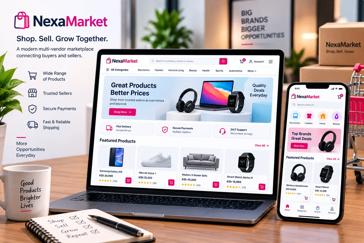 NexaMarket multi-vendor e-commerce platform displayed on desktop and mobile devices